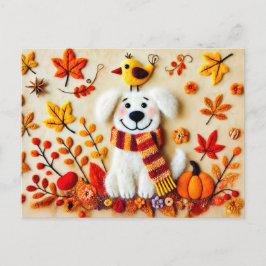 Cartão Postal Sentiu Cachorro com Folhas de outono e um Pássaro