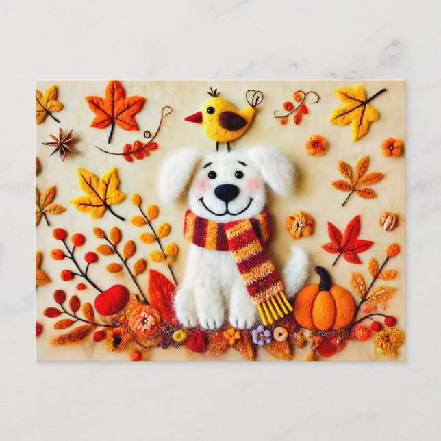 Cartão Postal Sentiu Cachorro com Folhas de outono e um Pássaro (Frente)