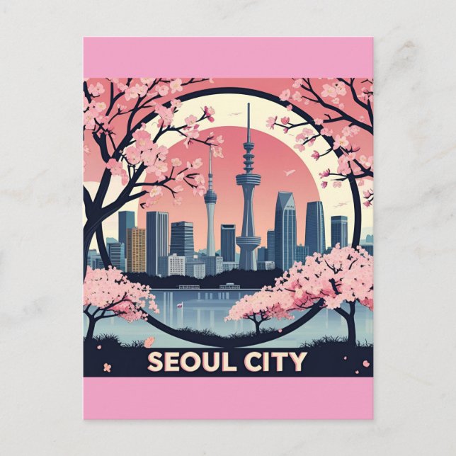 Cartão Postal Seoul City Modern Skyline Retro Art Coreia do Sul (Frente)