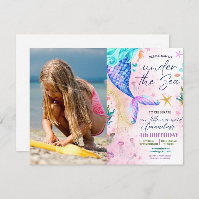 Cartão Postal Sereia Aquarela Foto Aniversário Sob o Mar (Frente/Verso)