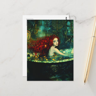 Cartão Postal Sereia de Cabelo Vermelho numa Banheira