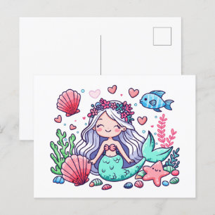 Cartão Postal Sereia de desenho animado fofa