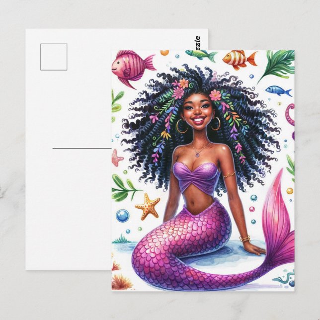 Cartão Postal Sereia de Pele Morena Escura Sorrindo Com Cauda Ro (Frente/Verso)