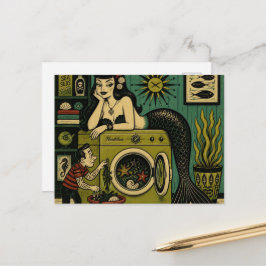 Cartão Postal Sereia do Mar Divertida de Meados do Século Dia de