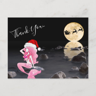 Cartão Postal Sereia em Rosa e Chapéu de Papai Noel Lua Cheia Ob
