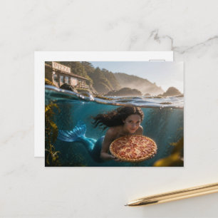 Cartão Postal Sereia Engraçada Com uma Pizza