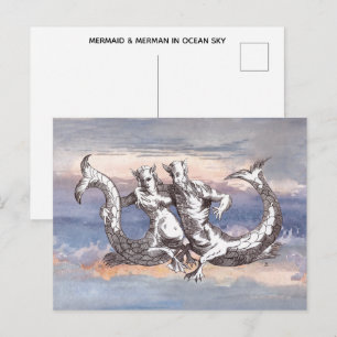 CARTÃO POSTAL SEREIA & HOMEM-MARINHO NO CÉU DO OCEANO