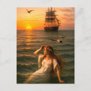 Cartão Postal Sereia Olhando Navio à Vela ao Pôr do Sol