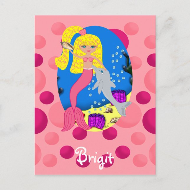 Cartão Postal Sereia rosa no oceano com golfinho (Frente)