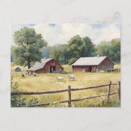 Cartão Postal Serene Country Farm Scene with Red Barn and Cattle