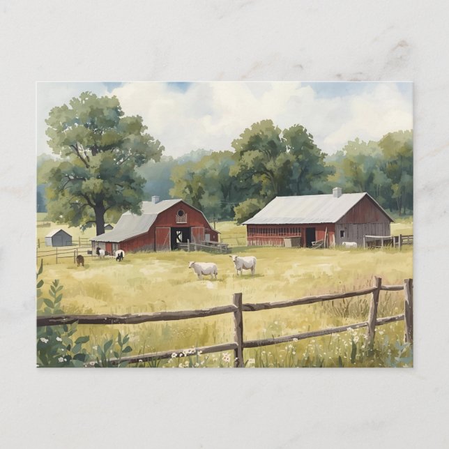 Cartão Postal Serene Country Farm Scene with Red Barn and Cattle (Frente)