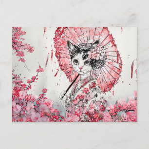 Cartão Postal Serene Geisha Cat com Red Parasol Cherry Blossom