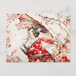 Cartão Postal Serene Geisha Cat em Red Kimono e Cherry Blossom