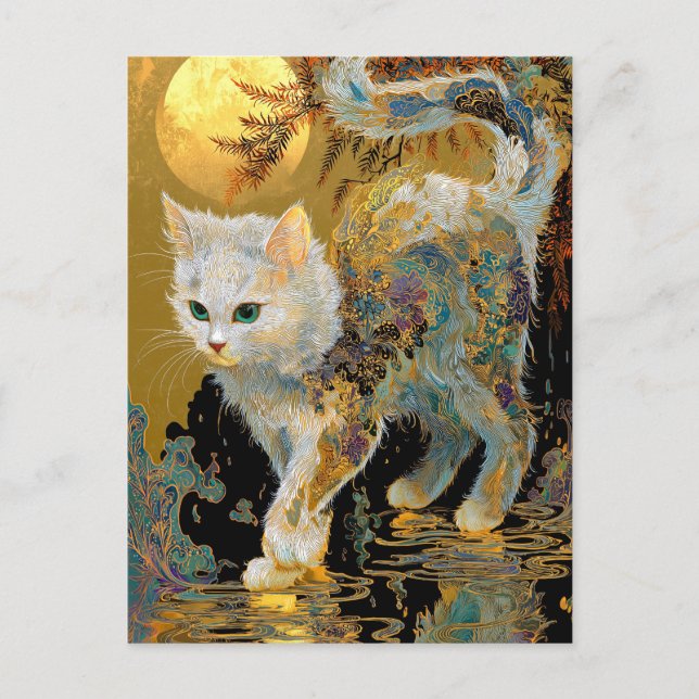 Cartão Postal Serene Rinpa Cat | Zen Dourado japonês (Frente)
