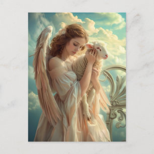 Cartão Postal Serenidade Celestial Anjo Feminino com Cordeiro
