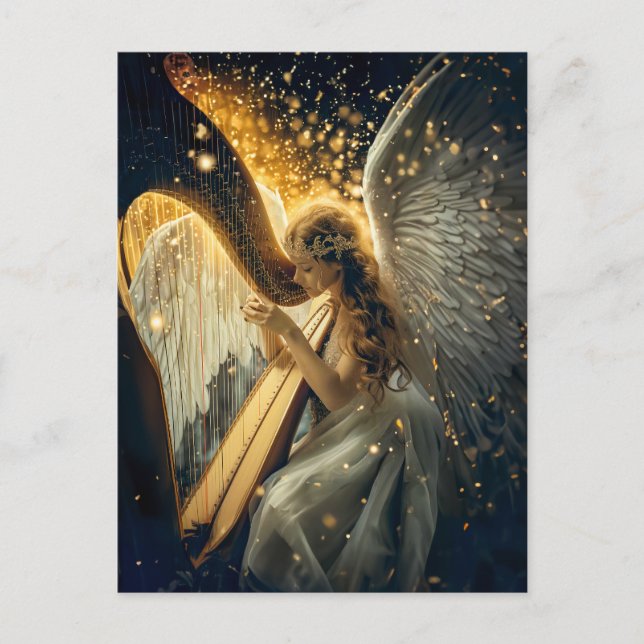 Cartão Postal Serenidade Celestial Anjo Feminino Tocando a Harpa (Frente)