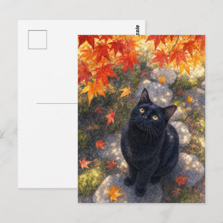 Cartão Postal series_4_6|Autumn Maple Black Cat Japanese Art