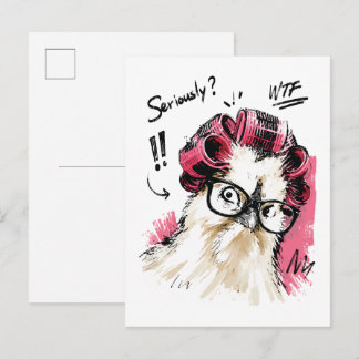 Cartão Postal Sério? Galinha engraçada com rolos de cabelo e ócu