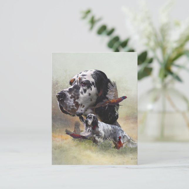 Cartão Postal Setter inglês com faisões, arte (Em pé/Frente)