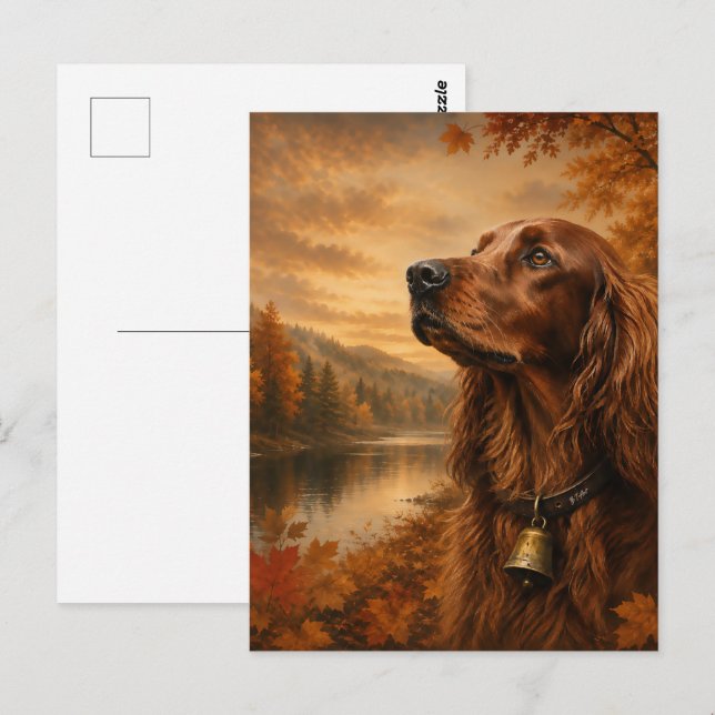 Cartão Postal Setter Irlandês de Outono – Arte Rústica de Cão de (Frente/Verso)