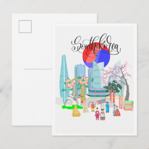 Cartão Postal Seul Coreia do Sul Arte Ilustração de Viagem Vinta