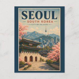 Cartão Postal Seul Coreia do Sul Ilustração Viagem Arte Vintage