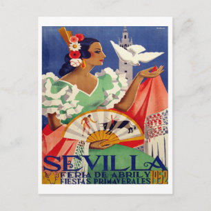 Cartão Postal Sevilha, Espanha, mulher com pombo branco, colheit