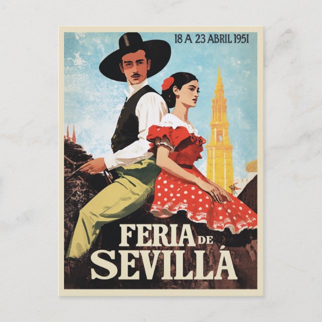 Cartão Postal Sevilla Feria de abril 1951 Vintage (Frente)