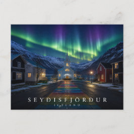 Cartão Postal Seyðisfjörður Igreja Azul Rua Arco-íris Aurora