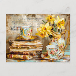 Cartão Postal Shabby chic Daffodils on a Stacked antique Books