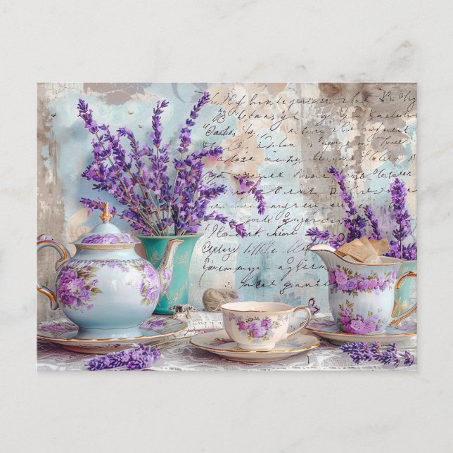 Cartão Postal shabby chic Lavender with Classic Tea Service (Frente)