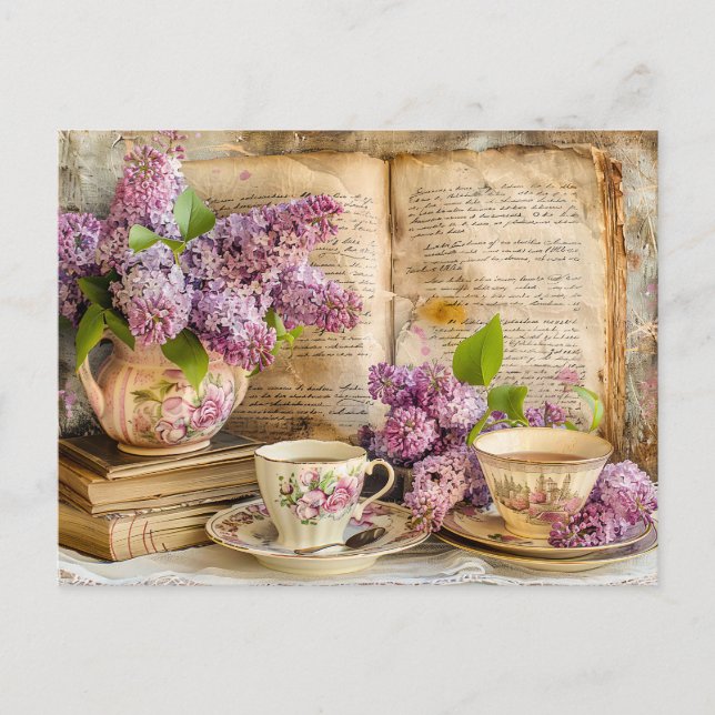 Cartão Postal Shabby chic Lilac Bunch in an Antique Coffee Pot (Frente)