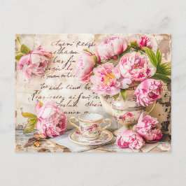 Cartão Postal Shabby chic Peonies with Tea Cup and Vintage Touc
