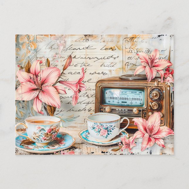 Cartão Postal Shabby chic Pink Lily with Antique Radio Receiver (Frente)