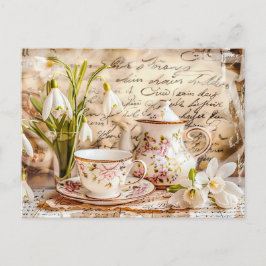 Cartão Postal shabby chic Snowdrops and Teacups in Vintage Style