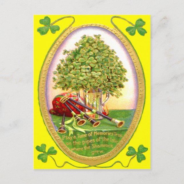 Cartão Postal Shamrock Bagpipe Dourado Verde (Frente)