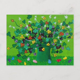 Cartão Postal Shamrock, Flores e Pintinhos para bebês
