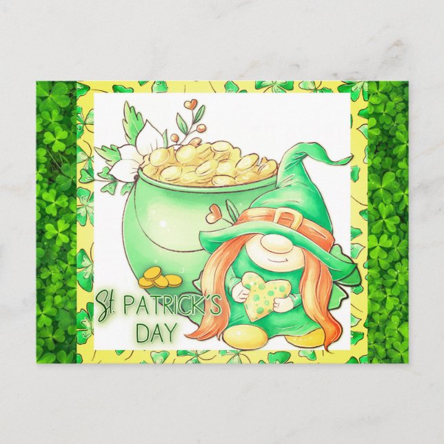 Cartão Postal Shamrock verde Dia de São Patrício Gnome Girl (Frente)