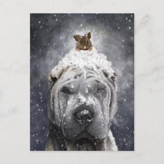 Cartão Postal Shar Pei Azul na neve com um pequeno rato