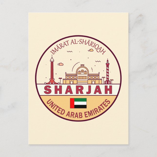 Cartão Postal Sharjah United Emirados Árabes Unidos Skyline Embl (Frente)