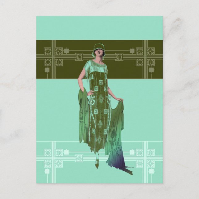 Cartão Postal SHAWL DE CHARLOTTE, Moda de 1920 em Mint e Olive (Frente)