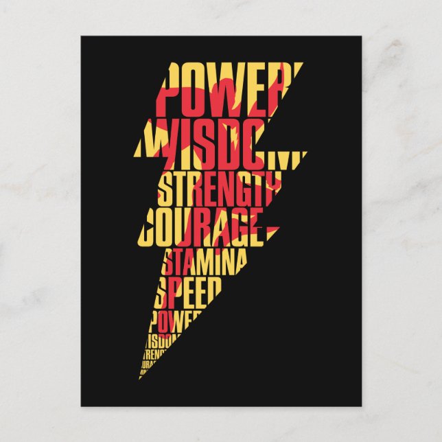 Cartão Postal SHAZAM! | Capacidades de Shazam — Gráfico de Relâm (Frente)