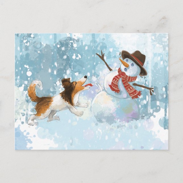 Cartão Postal Sheldon o Sheltie e o Boneco de Neve (Frente)