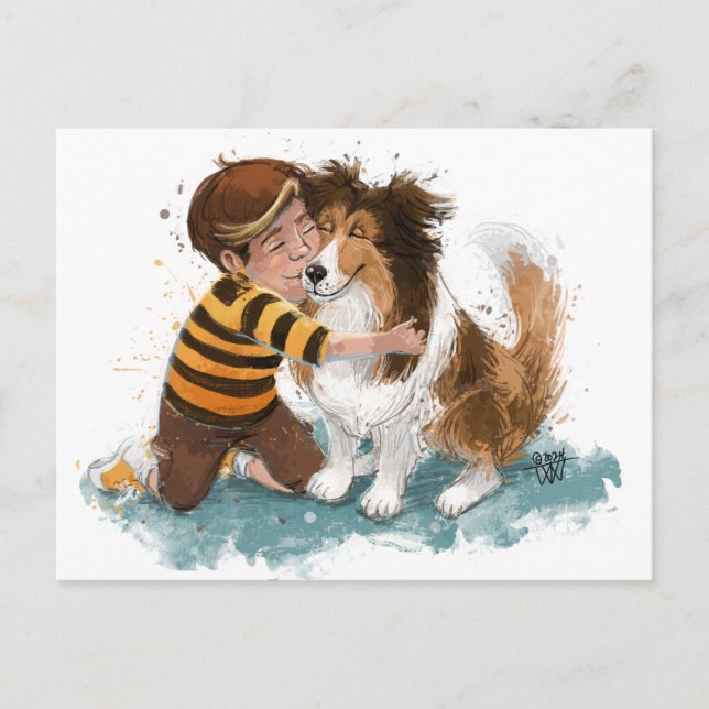 Cartão Postal Sheltie e Boy Dog Hug (Frente)