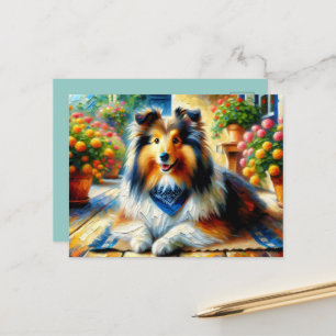 Cartão Postal Shetland Sheepdog na cena do Jardim de Algodão