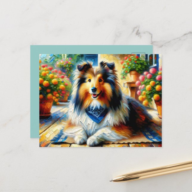 Cartão Postal Shetland Sheepdog na cena do Jardim de Algodão (Frente/Verso In Situ)