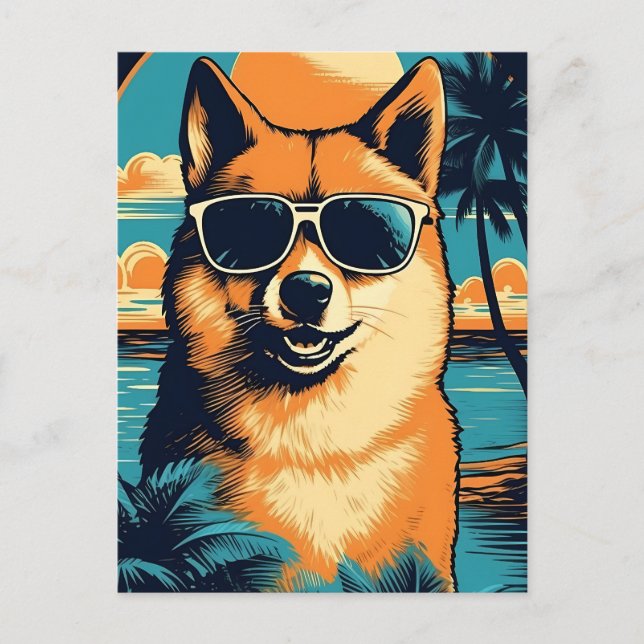 Cartão Postal Shiba Inu com óculos de sol na praia (Frente)