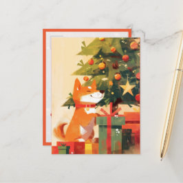 Cartão Postal Shiba Inu feliz ao lado da árvore de Natal e prese