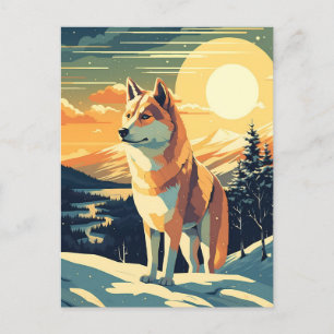 Cartão Postal Shiba Inu nas montanhas nevadas durante o pôr do s