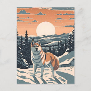 Cartão Postal Shiba Inu nas montanhas nevadas durante o pôr do s